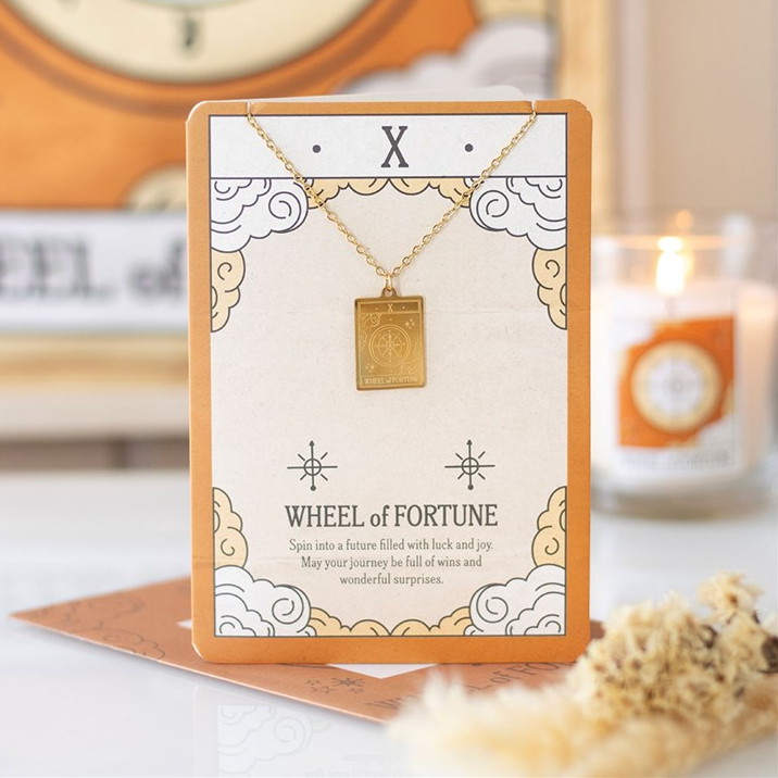 The Wheel of Fortune Vintage Tarot Necklace on Greeting Card